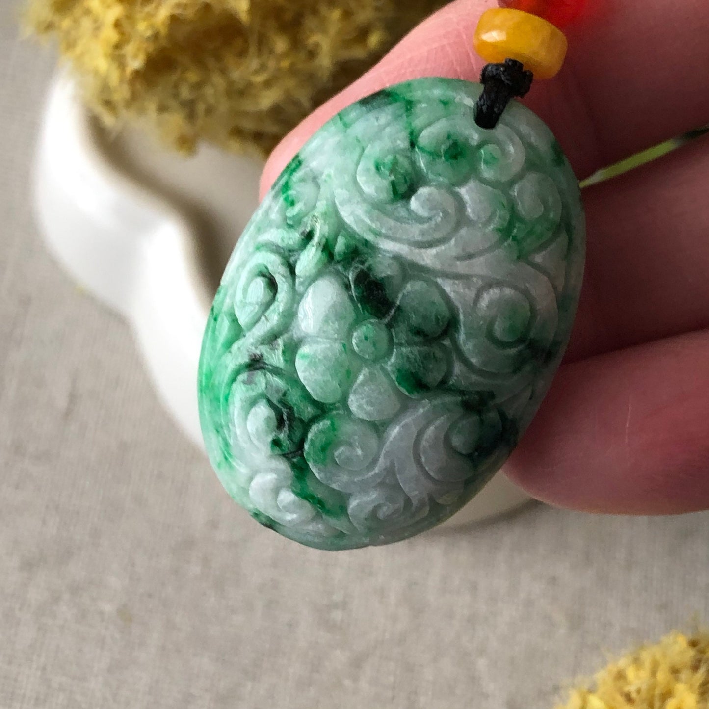 34mm Green Moss Jade Jadeite carved pattern Oval shaped Pendant