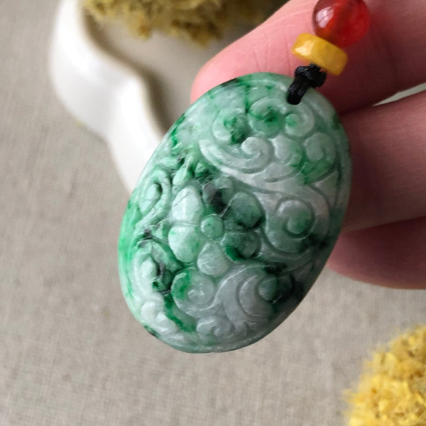 34mm Green Moss Jade Jadeite carved pattern Oval shaped Pendant