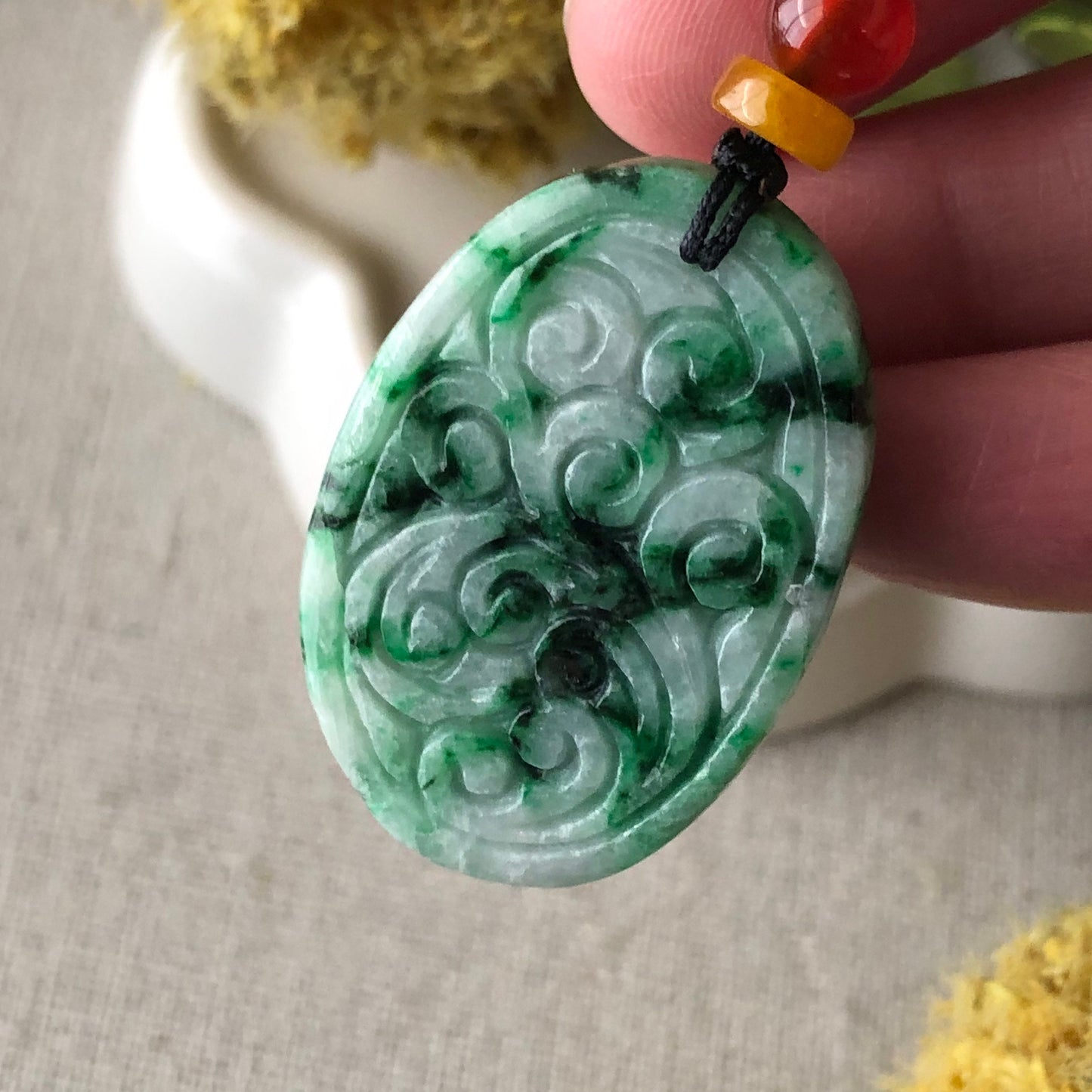 34mm Green Moss Jade Jadeite carved pattern Oval shaped Pendant