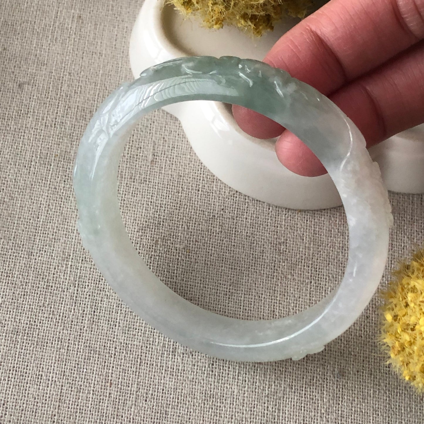 54mm Icy Jadeite Jade Light Green Tone Carved Bangle