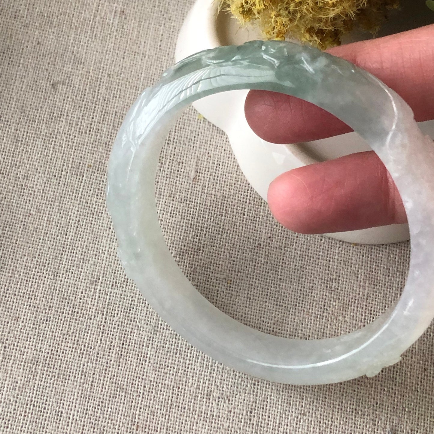 54mm Icy Jadeite Jade Light Green Tone Carved Bangle