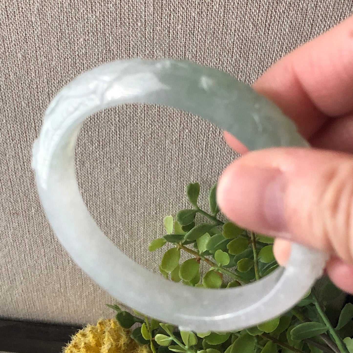 54mm Icy Jadeite Jade Light Green Tone Carved Bangle
