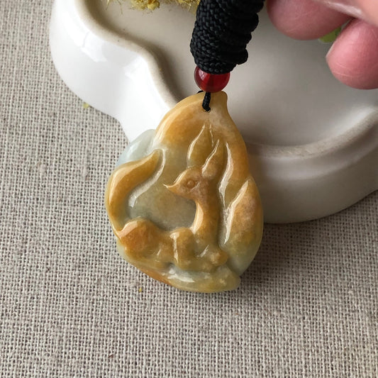 36.5mm Yellow Brown Carved Fox Tail Kitsune Jadeite Jade Pendant