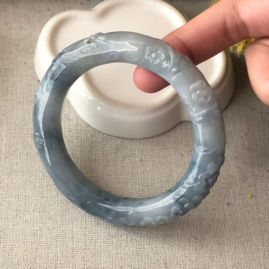 55-56mm Blue Float Flowers carved flowers Jadeite Jade Rounded Bangle