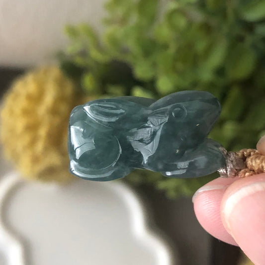 22mm Glossy Green Blue  Guatemalan Jade Carved Rabbit Bunny Pendant