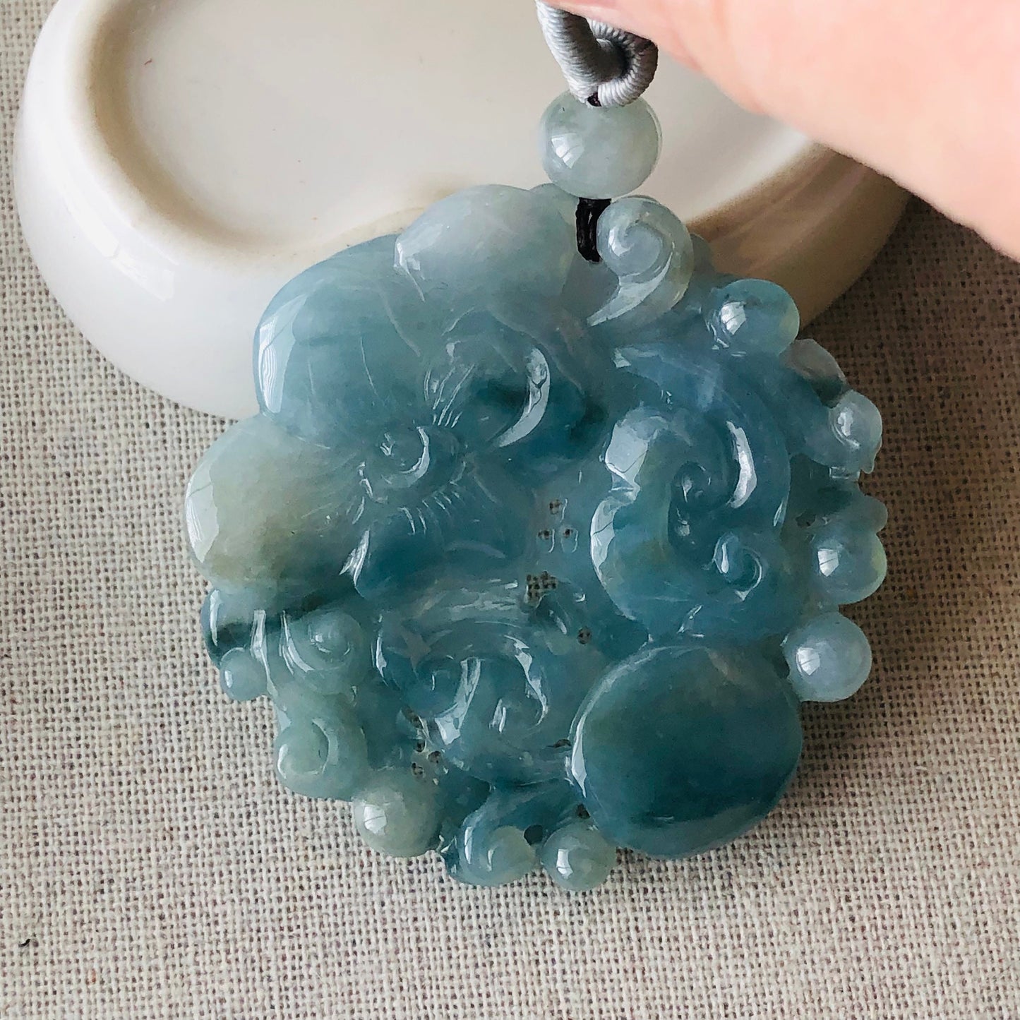 56 mm Sky Blue Glutinous Carved Flower  Jadeite Jade Pendant
