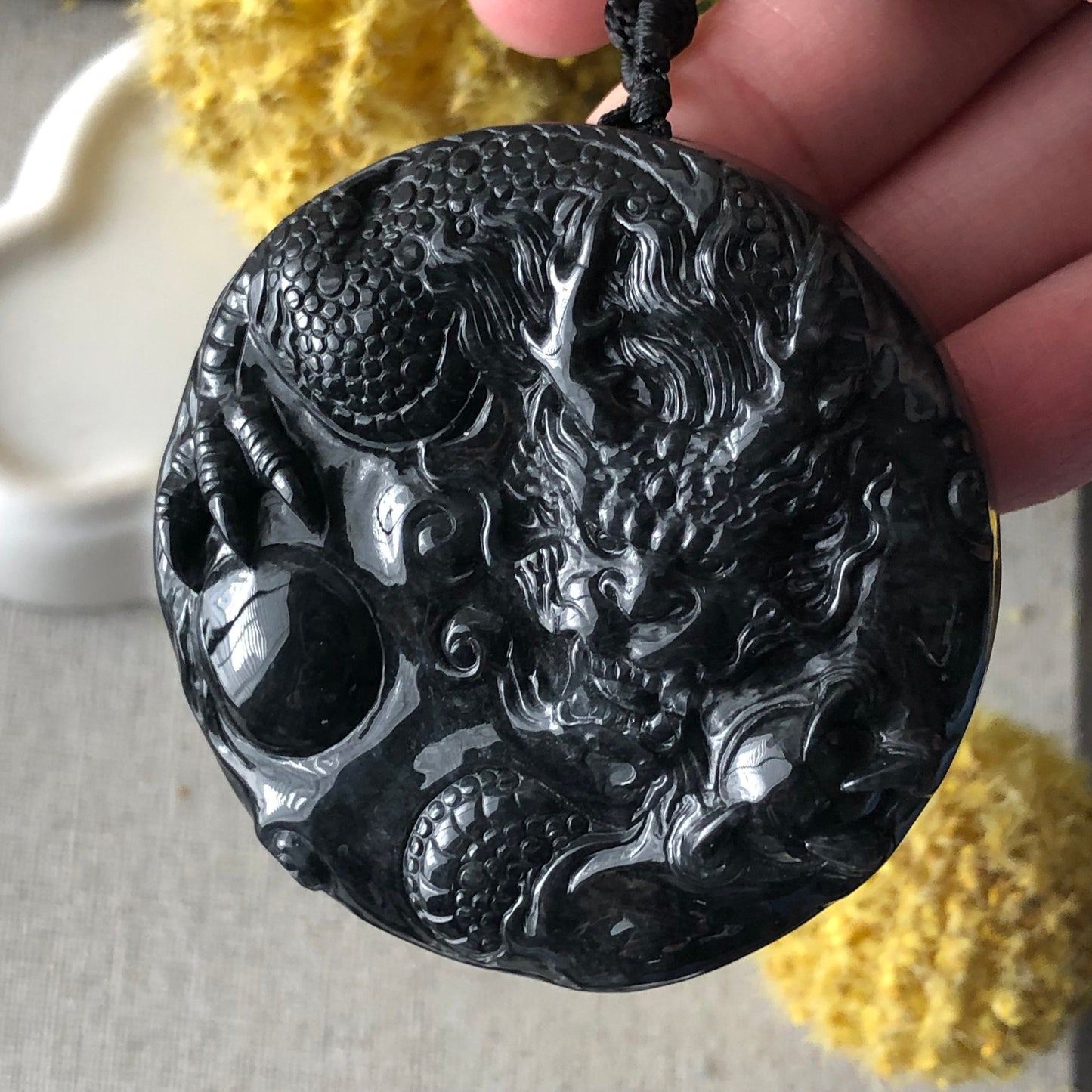 52mm Jadeite Jade Wuji Black Carved Dragon Pendant Neck Rope Tie