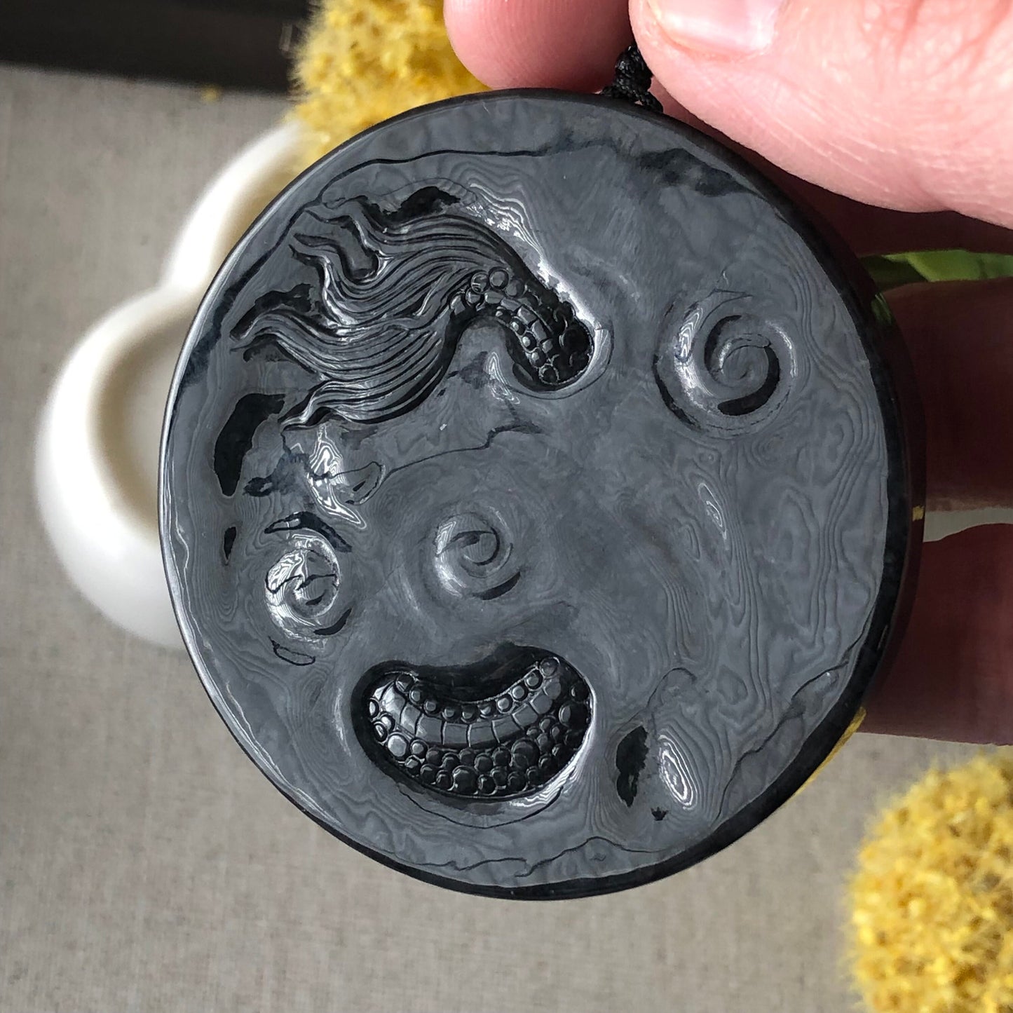 52mm Jadeite Jade Wuji Black Carved Dragon Pendant Neck Rope Tie