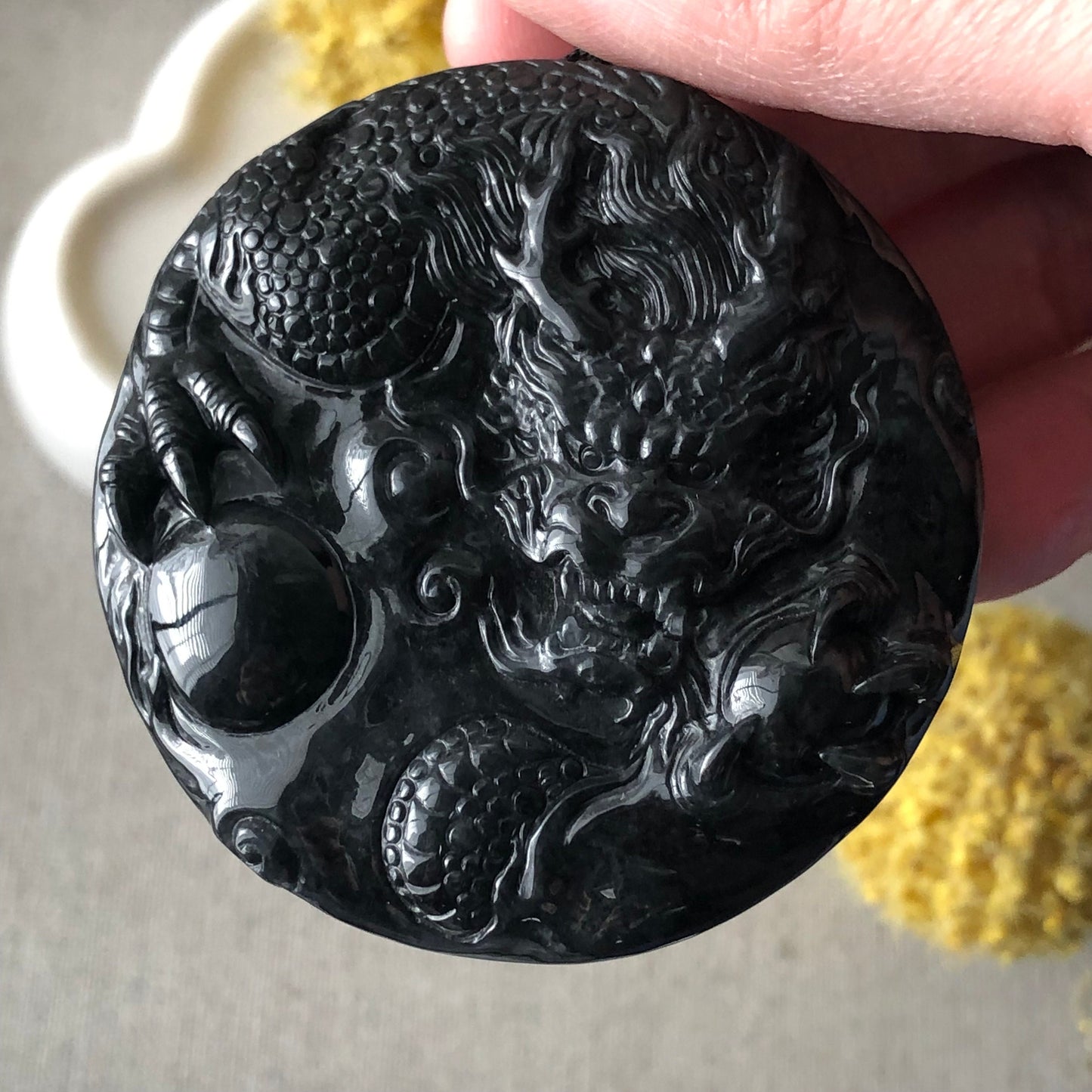 52mm Jadeite Jade Wuji Black Carved Dragon Pendant Neck Rope Tie