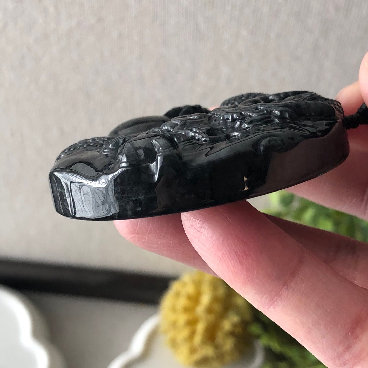 52mm Jadeite Jade Wuji Black Carved Dragon Pendant Neck Rope Tie