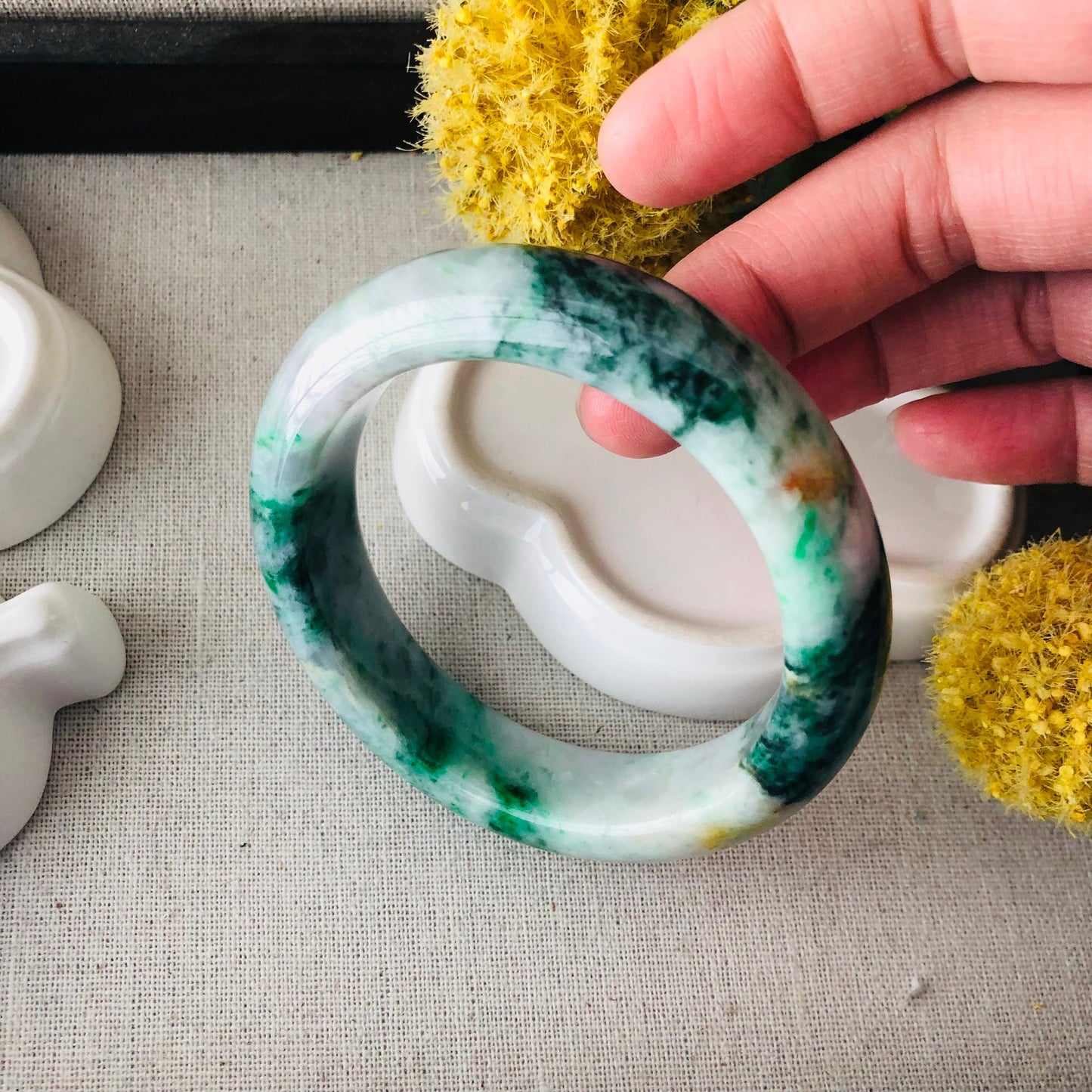 57mm Jadeite Jade Earthy Green Yellow Moss  Bangle