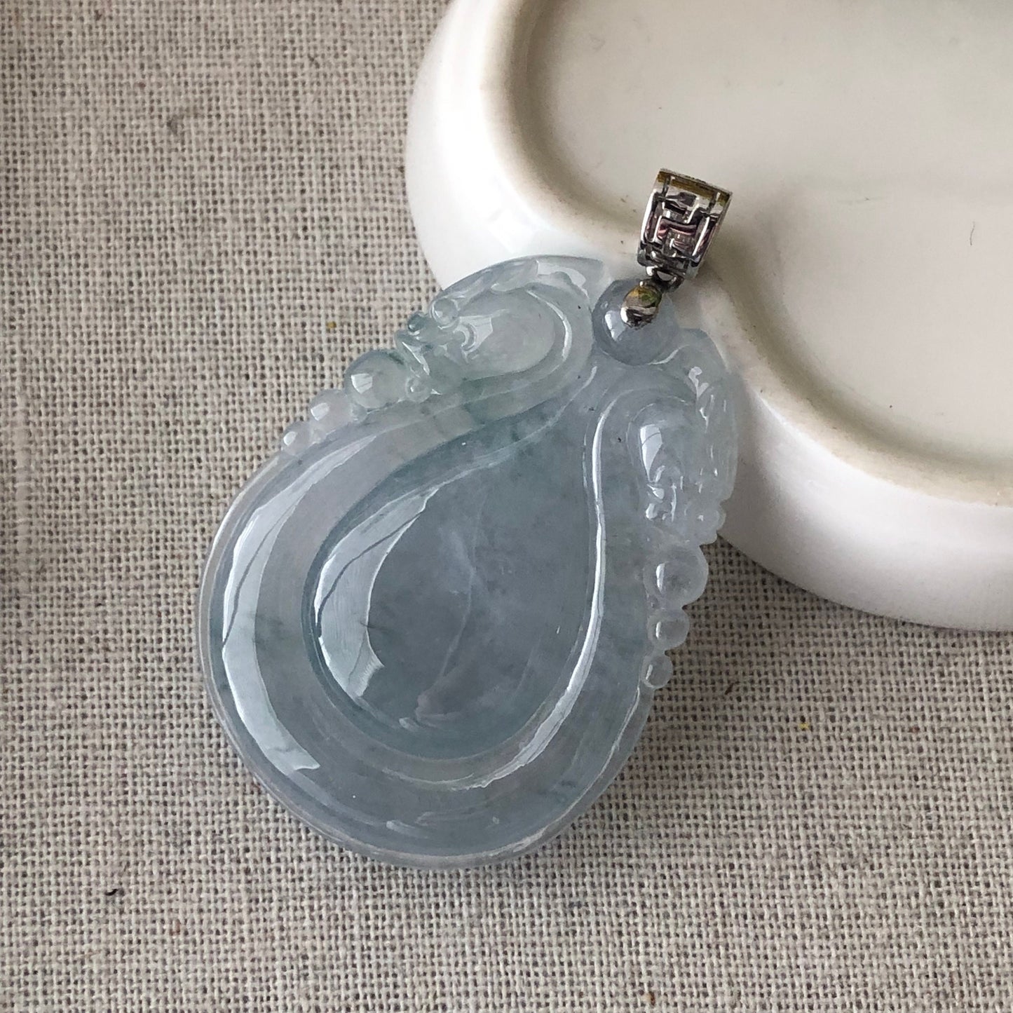18K Icy Green Float Flowers Carved Dragon Water Drop Jadeite Jade Pendant