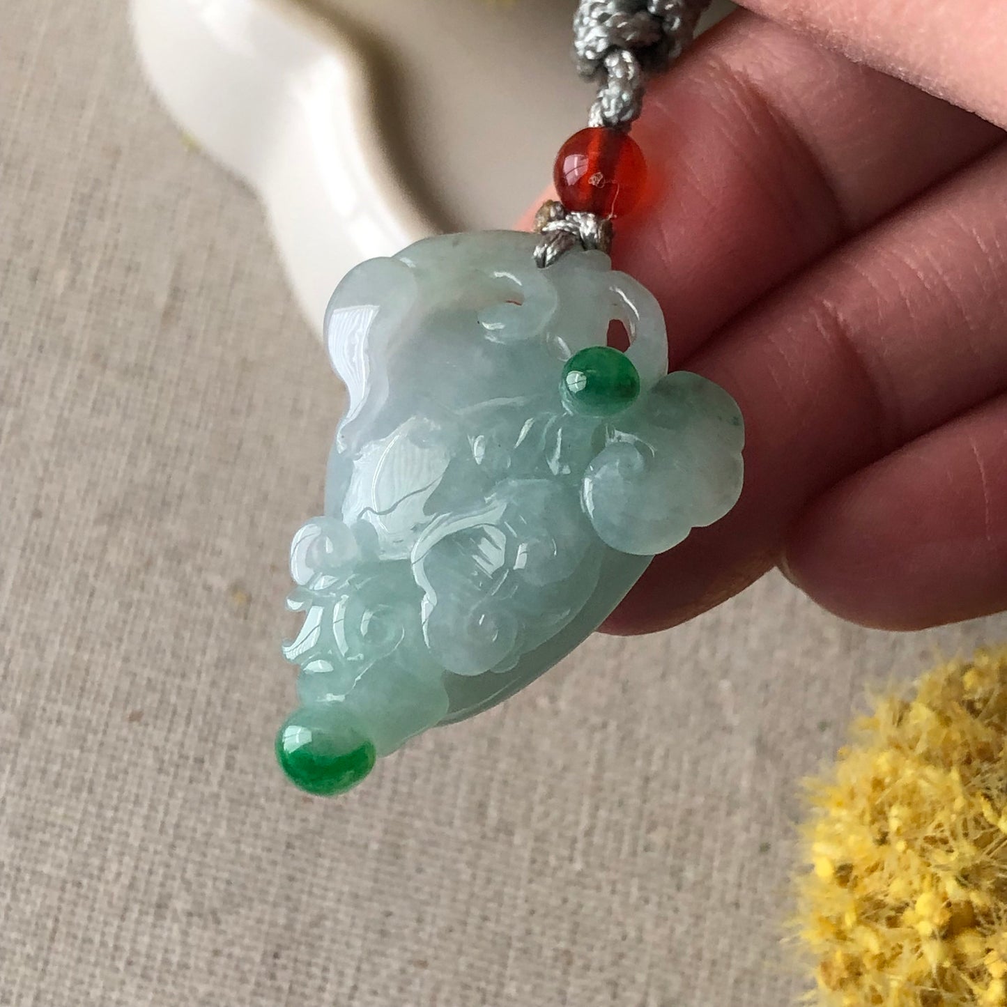 32mm Icy Greenish Jadeite Jade Carved Peach Ruyi Clouds Pendant  Neck Rope Tie
