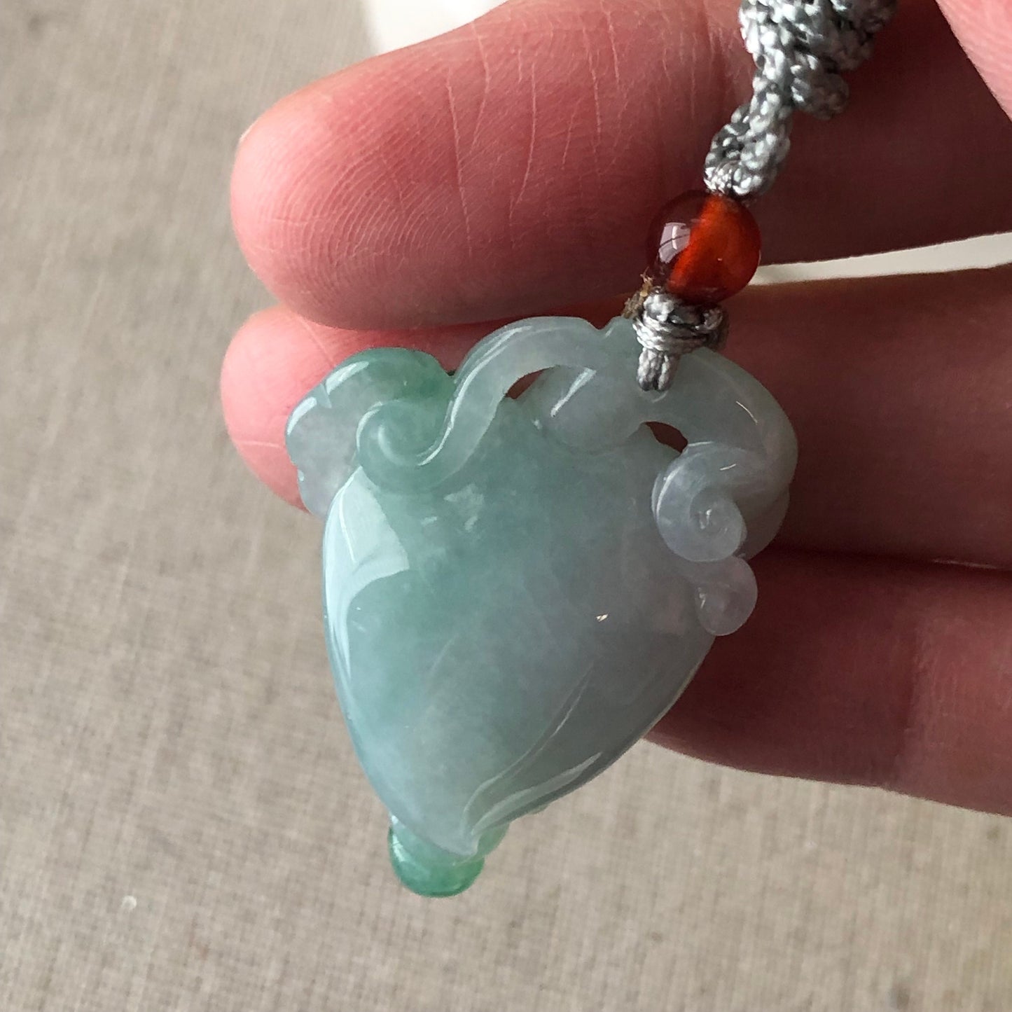 32mm Icy Greenish Jadeite Jade Carved Peach Ruyi Clouds Pendant  Neck Rope Tie