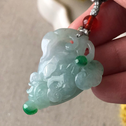 32mm Icy Greenish Jadeite Jade Carved Peach Ruyi Clouds Pendant  Neck Rope Tie