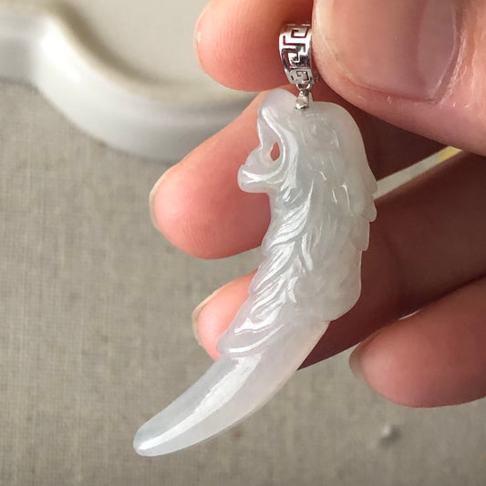 40mm Icy Jadeite Jade Carved Dragon Tooth Pendant with 18K gold Bail