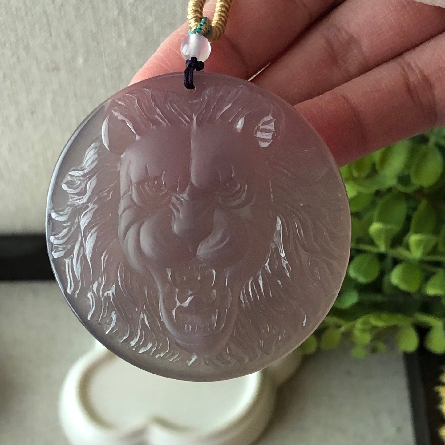55 mm High Quality Agate Carved Lavender Lion Pendant
