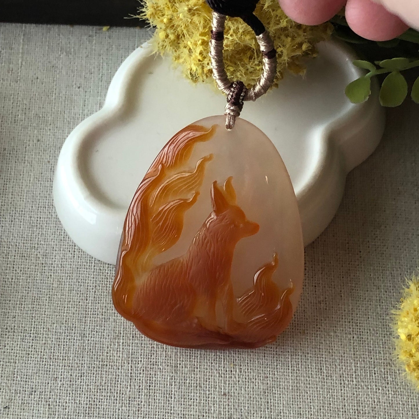 60 mm High Quality Agate Carved Red Orange Nine Foxtail Kitsune Pendant