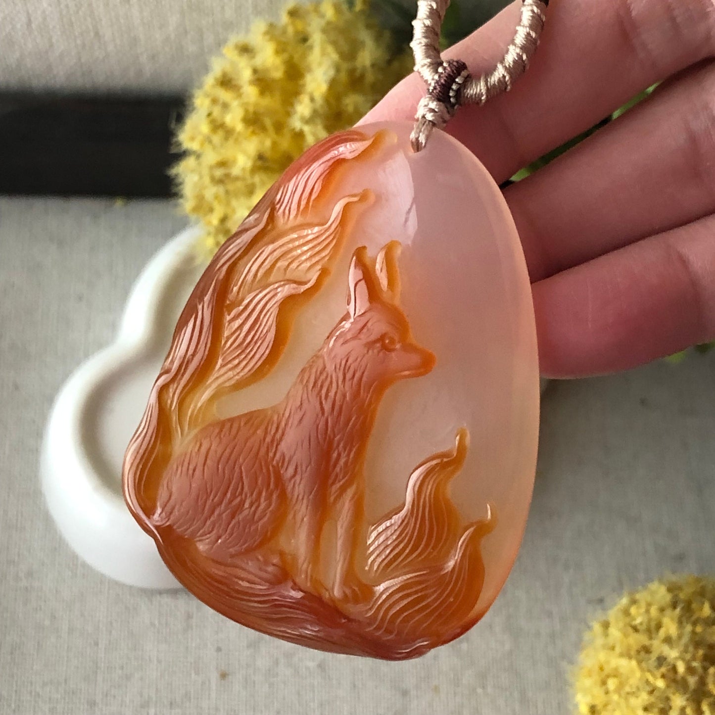 60 mm High Quality Agate Carved Red Orange Nine Foxtail Kitsune Pendant