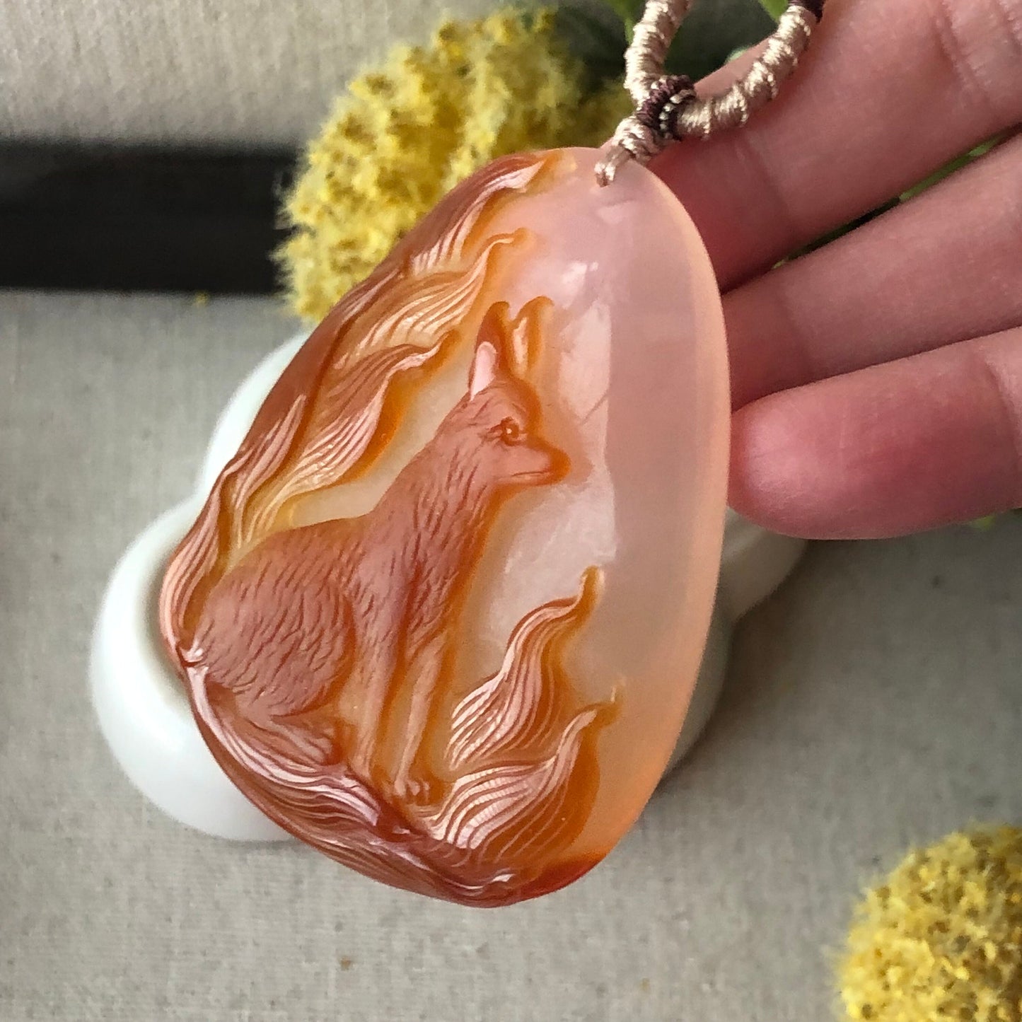 60 mm High Quality Agate Carved Red Orange Nine Foxtail Kitsune Pendant