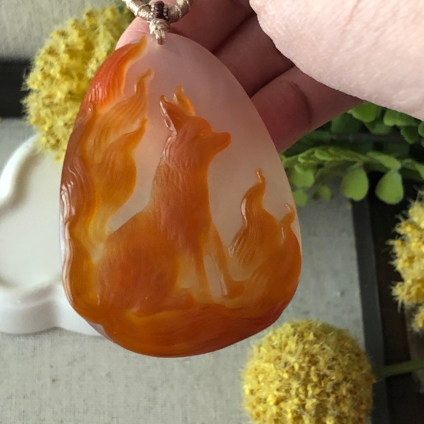 60 mm High Quality Agate Carved Red Orange Nine Foxtail Kitsune Pendant
