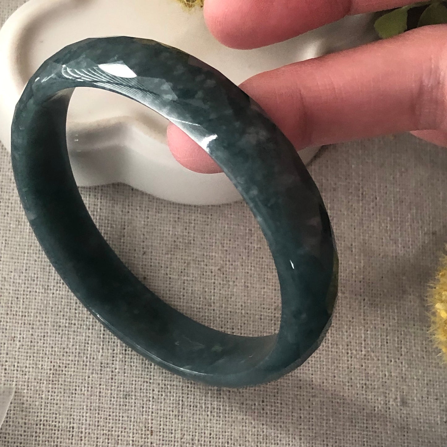 57 mm Icy Blue Green Guatemalan Carved Jade D shaped Bangle