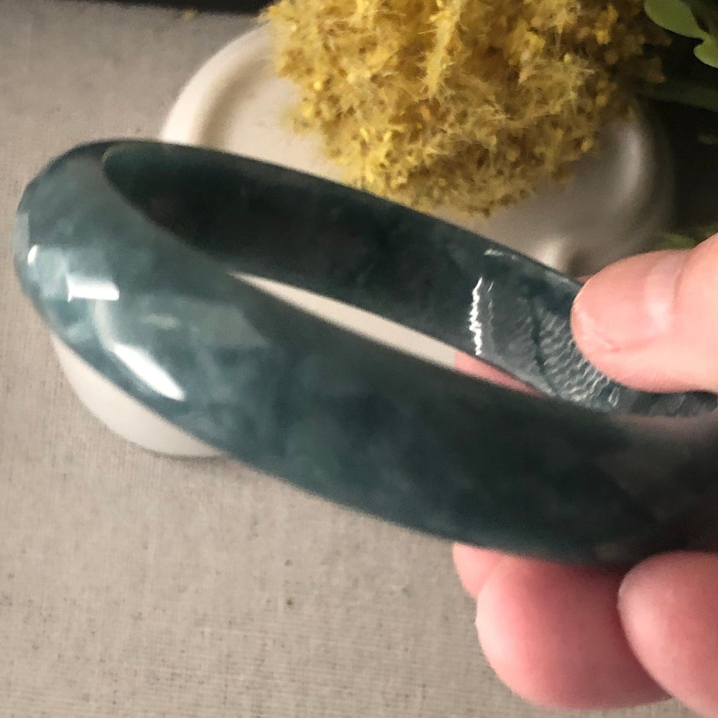 57 mm Icy Blue Green Guatemalan Carved Jade D shaped Bangle