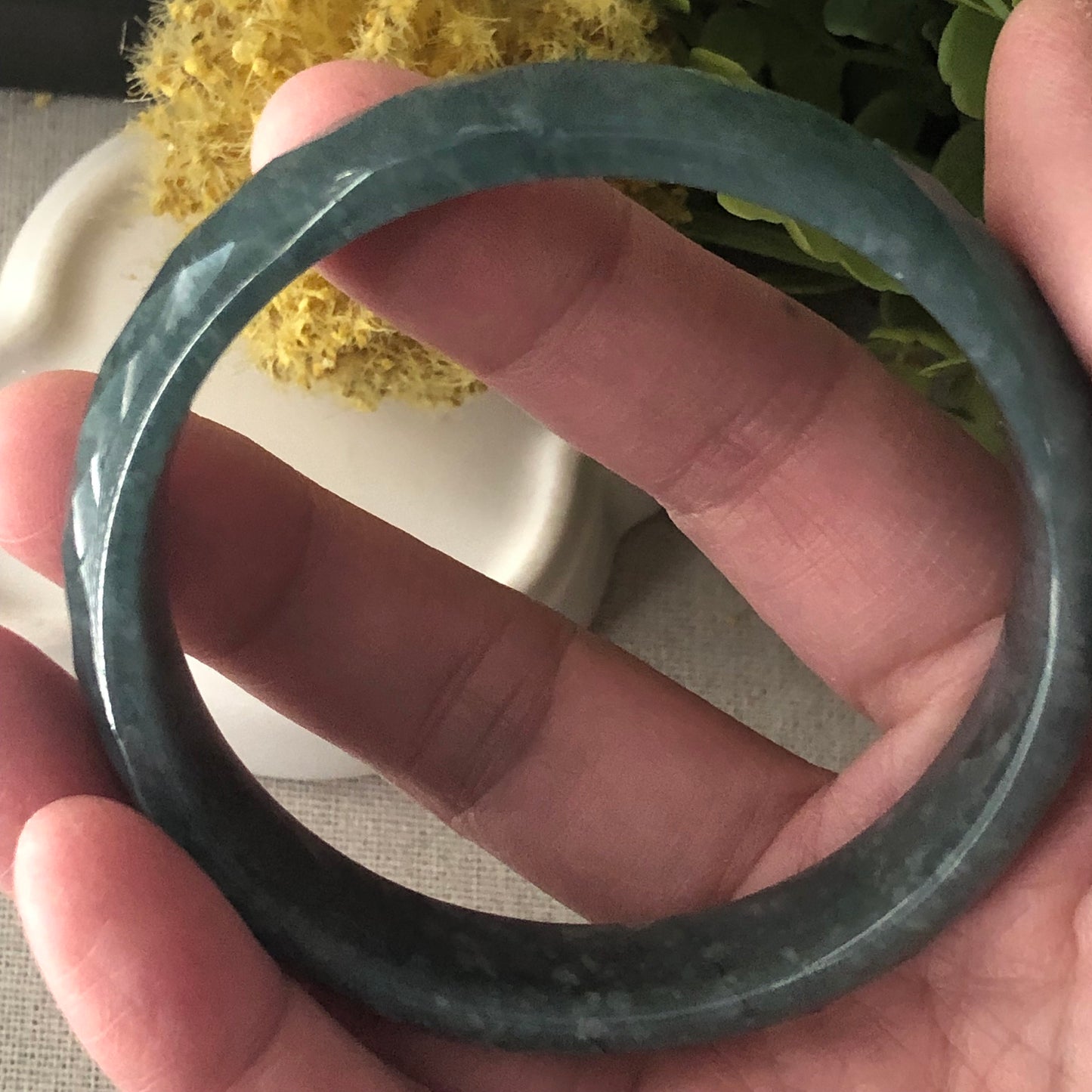 57 mm Icy Blue Green Guatemalan Carved Jade D shaped Bangle