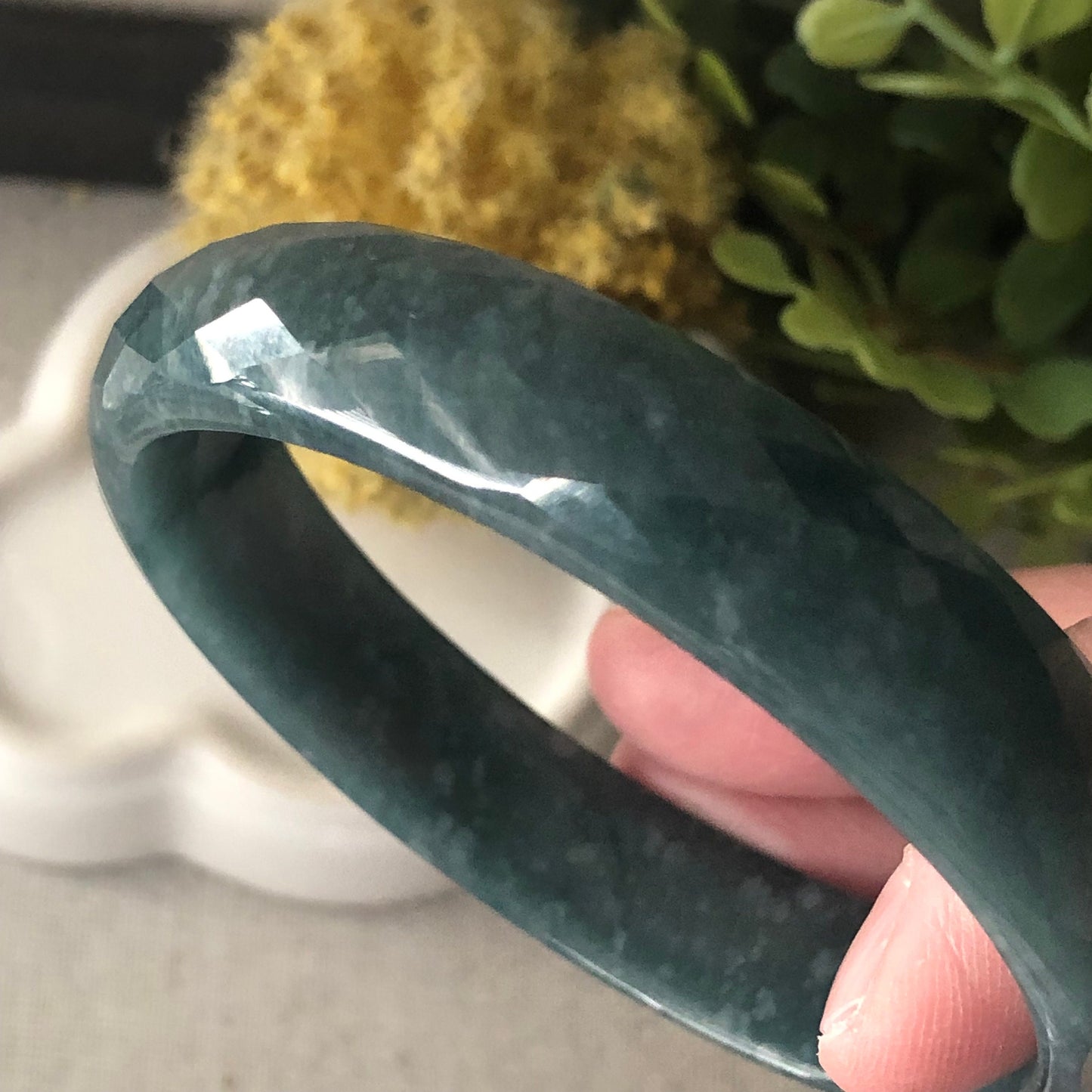 57 mm Icy Blue Green Guatemalan Carved Jade D shaped Bangle