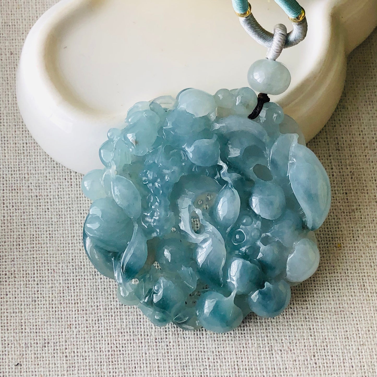 56 mm Sky Blue Glutinous Carved Flower  Jadeite Jade Pendant