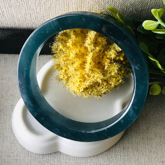 58mm Icy Guatemalan Jade Icy Blue Green Cuff Shaped carved Pattern cut Bangle