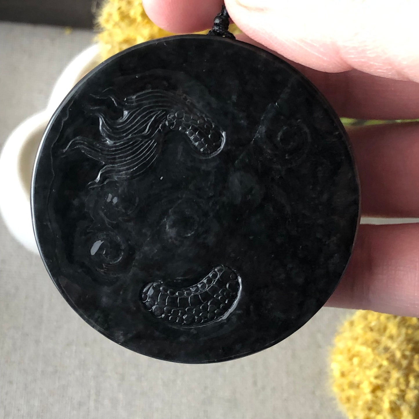 52mm Jadeite Jade Wuji Black Carved Dragon Pendant Neck Rope Tie