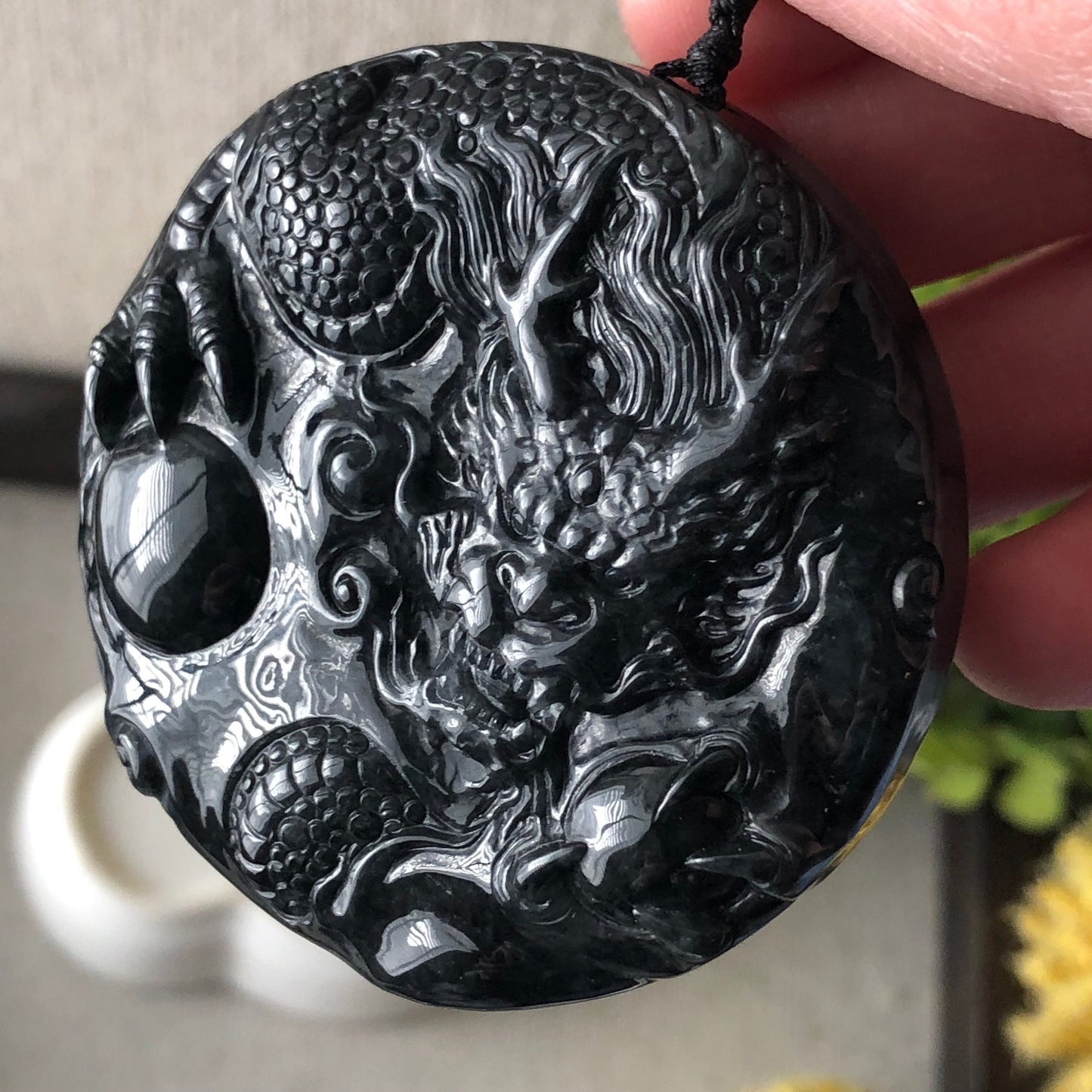 52mm Jadeite Jade Wuji Black Carved Dragon Pendant Neck Rope Tie