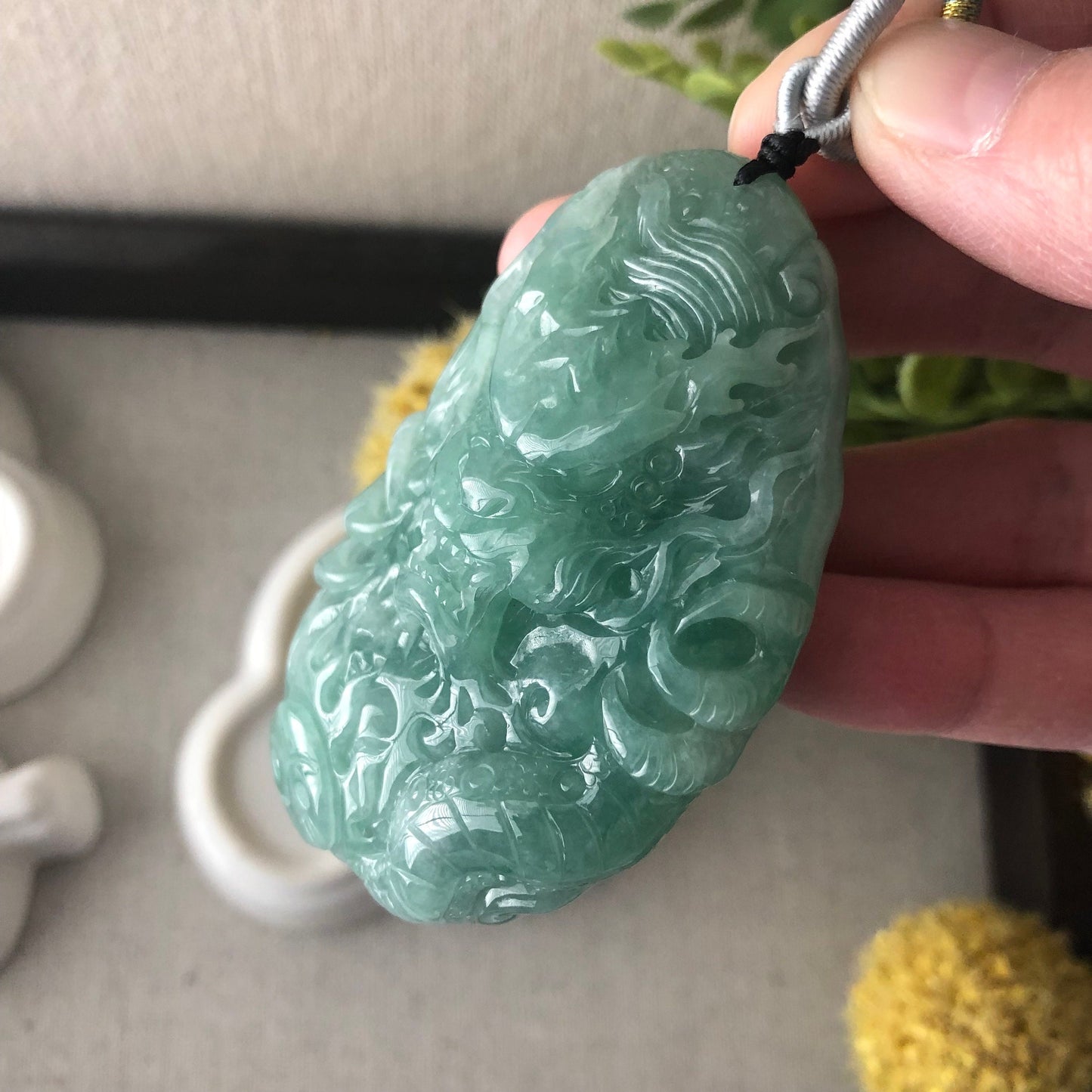 67mm Grade A Jade Jadeite Icy Green Glossy carved dragon Pendant