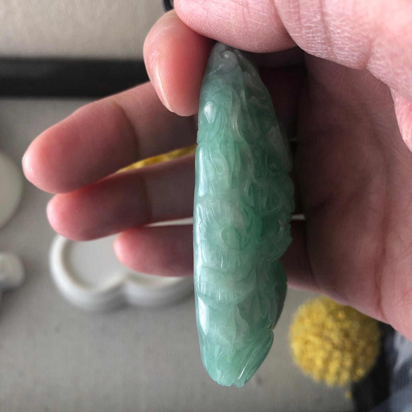 67mm Grade A Jade Jadeite Icy Green Glossy carved dragon Pendant