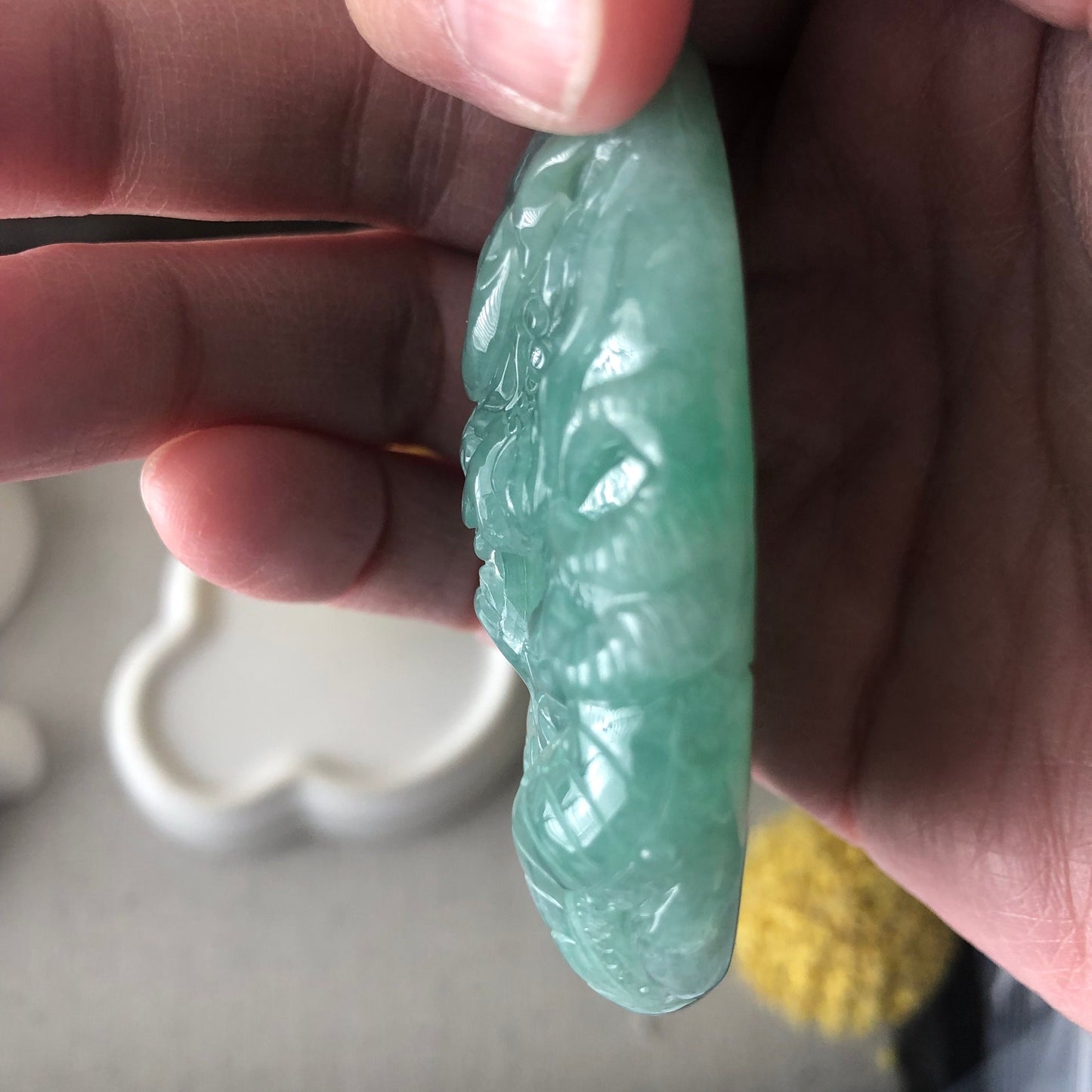 67mm Grade A Jade Jadeite Icy Green Glossy carved dragon Pendant