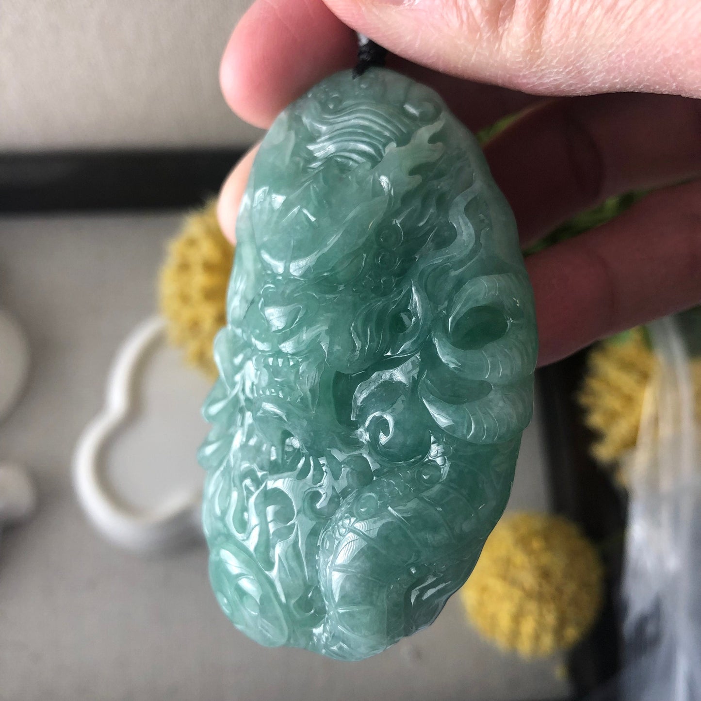 67mm Grade A Jade Jadeite Icy Green Glossy carved dragon Pendant