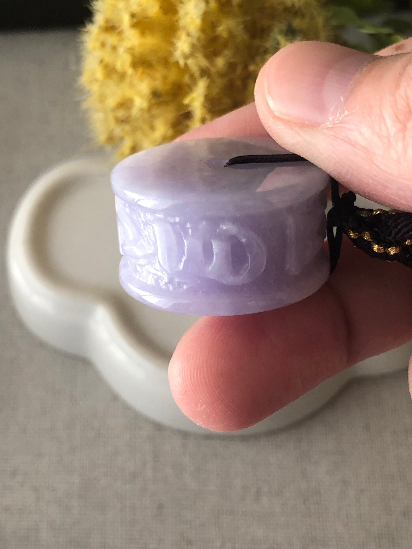 25.9 mm Big Lavender Jade Jadeite Carved Six Word Blessing Barrel Pendant