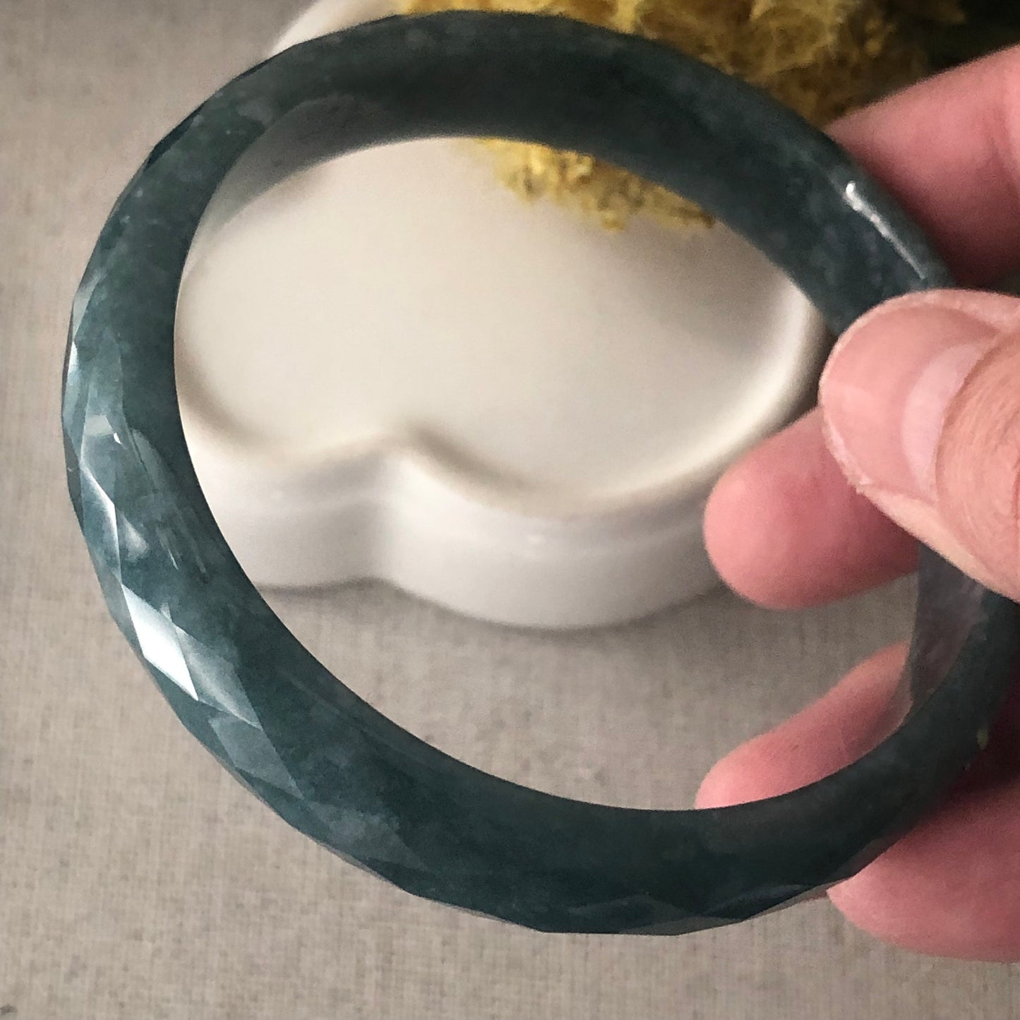 57 mm Icy Blue Green Guatemalan Carved Jade D shaped Bangle