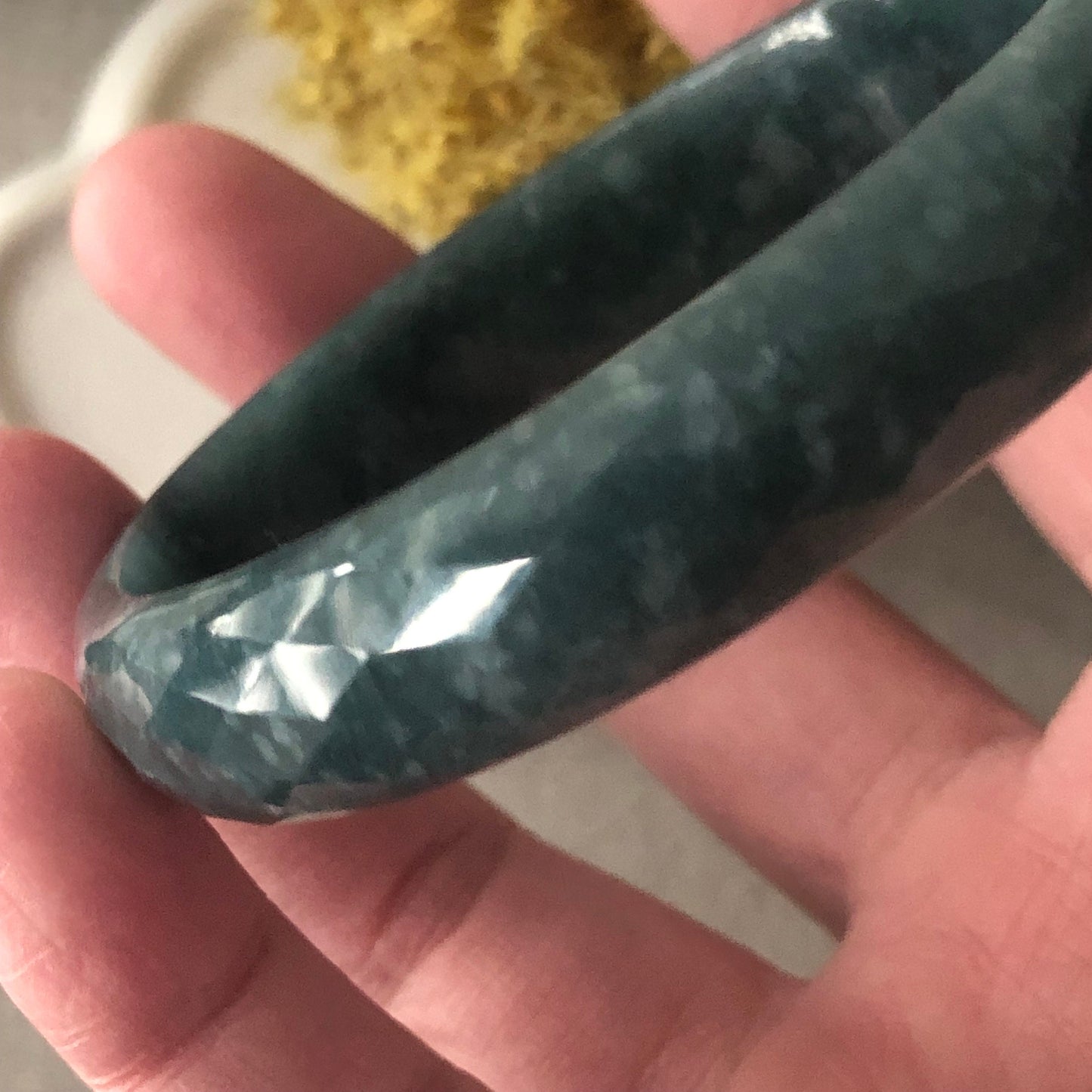 57 mm Icy Blue Green Guatemalan Carved Jade D shaped Bangle