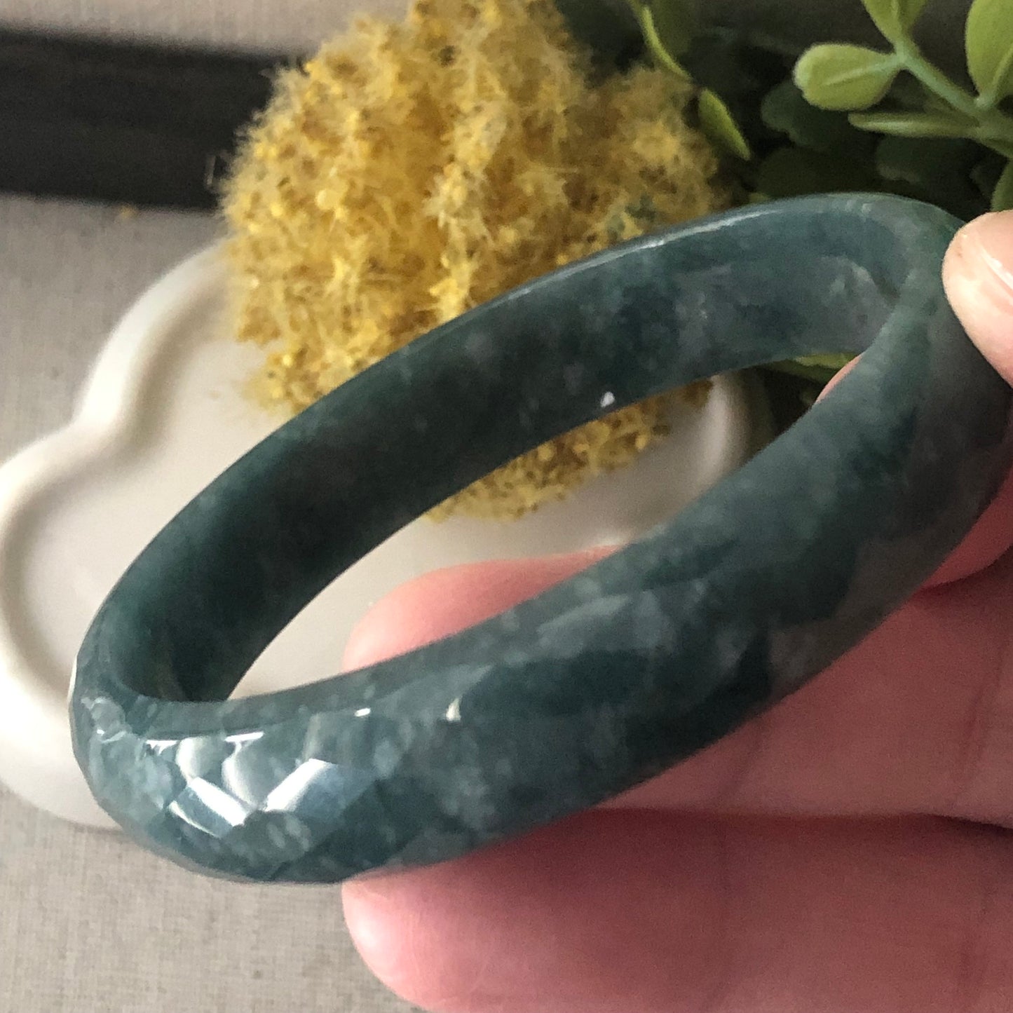 57 mm Icy Blue Green Guatemalan Carved Jade D shaped Bangle