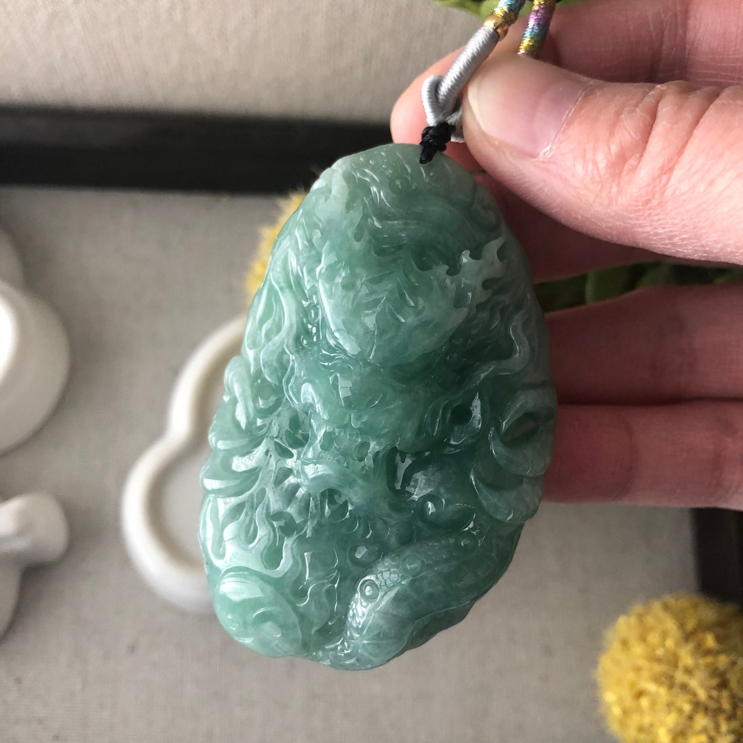 67mm Grade A Jade Jadeite Icy Green Glossy carved dragon Pendant