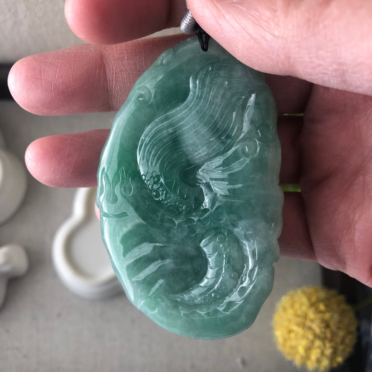 67mm Grade A Jade Jadeite Icy Green Glossy carved dragon Pendant