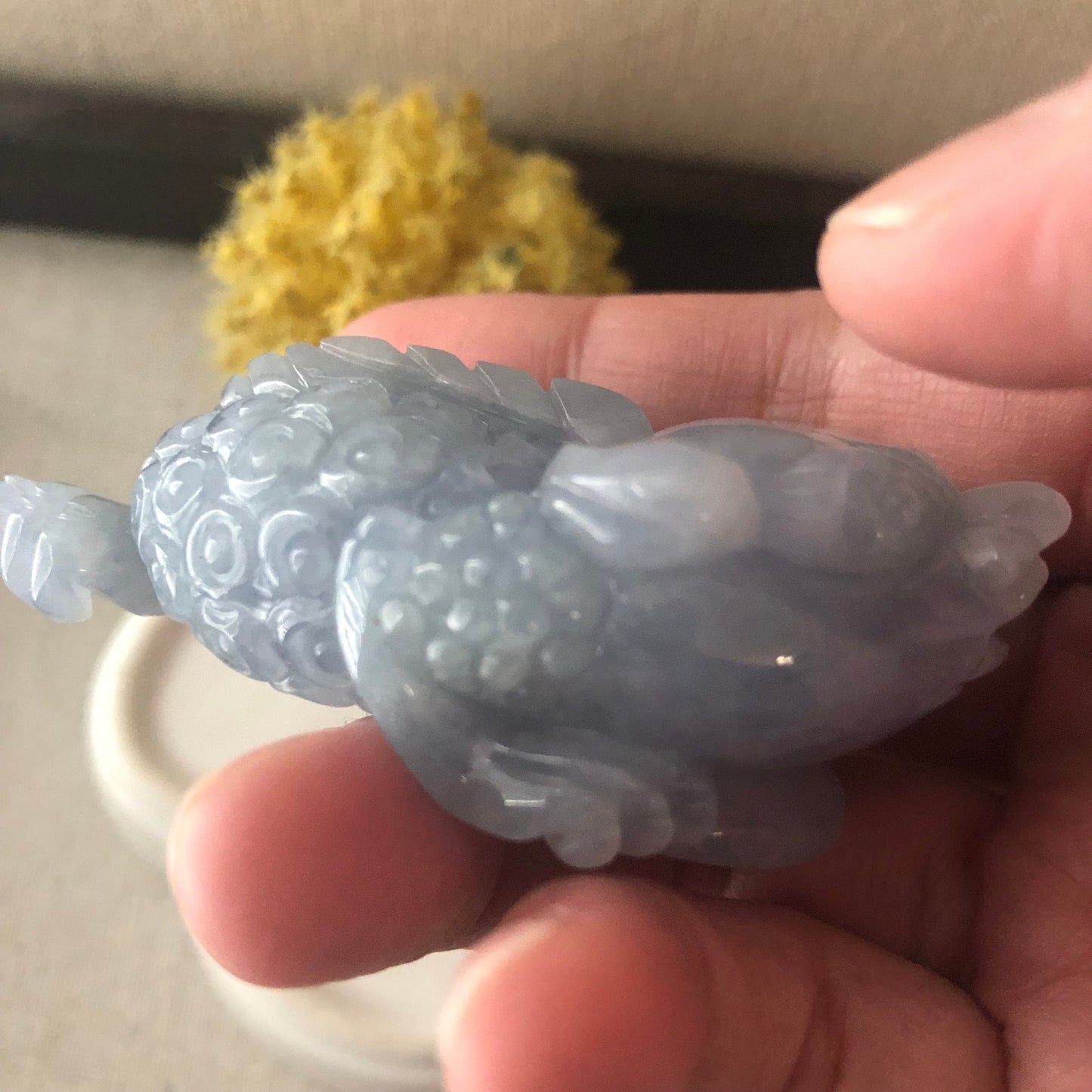 68mm Icy Lavender Blue Jadeite Jade Carved 3 Legged Toad Coin Display Statue