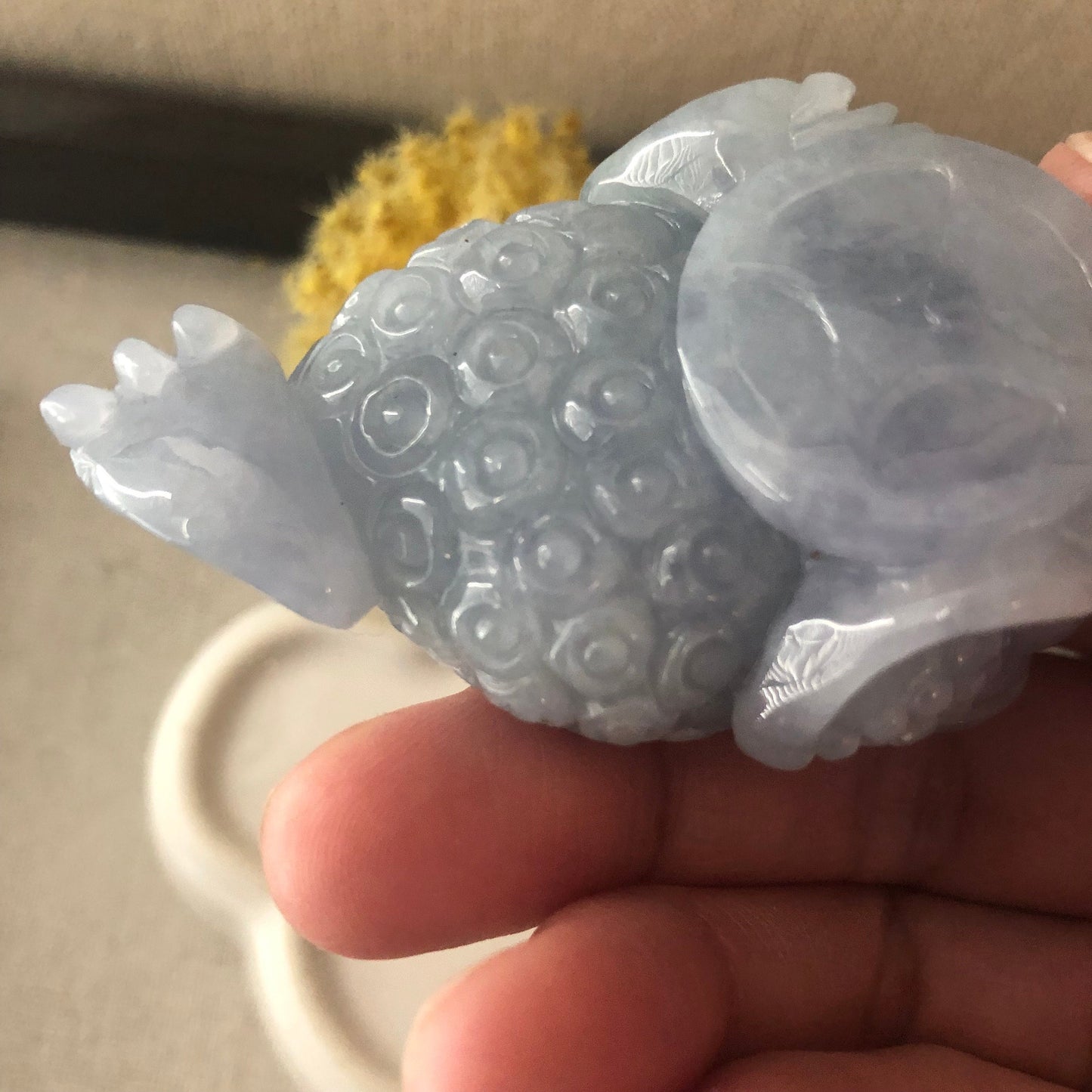 68mm Icy Lavender Blue Jadeite Jade Carved 3 Legged Toad Coin Display Statue