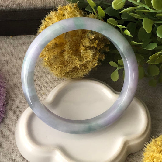 57.5mm Lavender Green Duo Glutinous D-Shaped Jadeite Jade Bangle