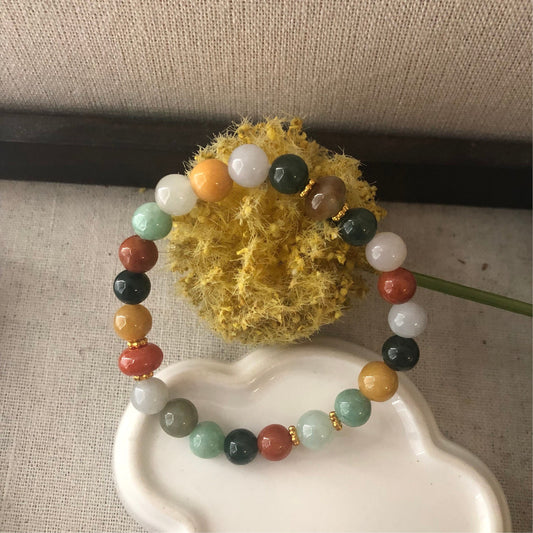 7.5-8 mm Assorted  Blue Green Red Brown Yellow Jadeite Jade Bead Bracelet
