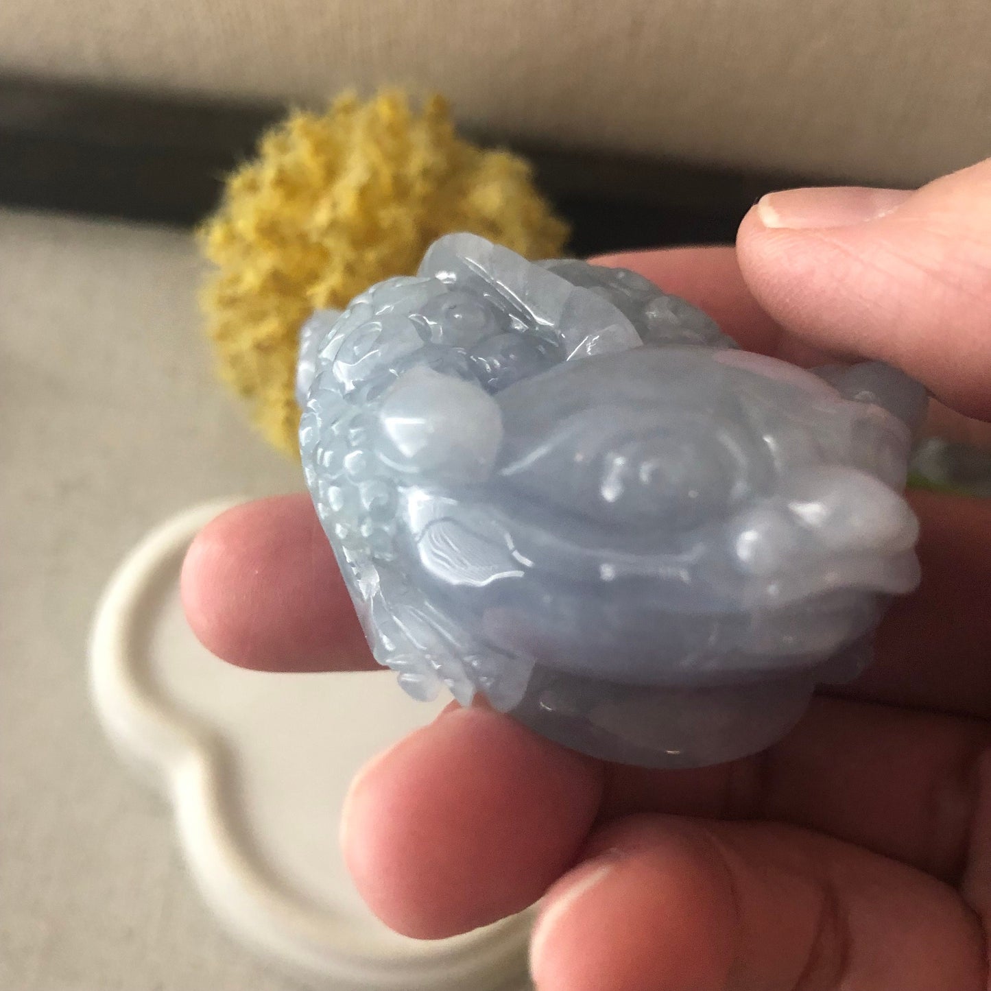 68mm Icy Lavender Blue Jadeite Jade Carved 3 Legged Toad Coin Display Statue