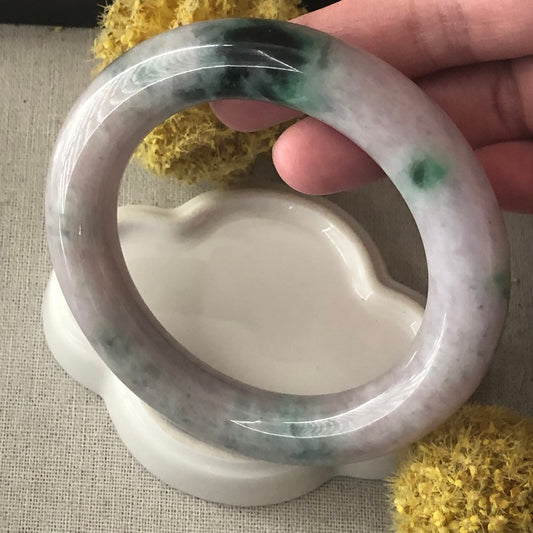 60-61mm Light Pink Lavender Green Float Flowers Moss Round Shaped Jadeite Jade Bangle