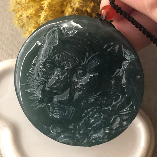 51 mm Guatemalan Jade Blue Green Carved Tiger Pendant